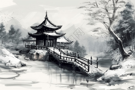 冬天湖泊跟桥雪中传统的中国馆插画