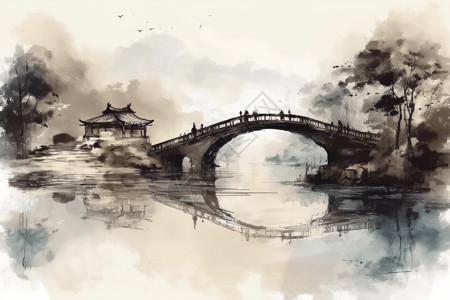 中国水墨画中的拱桥背景图片