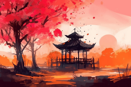 中国风桃园亭子背景图片