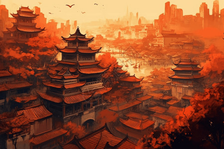 色彩鲜艳的中国建筑画图片