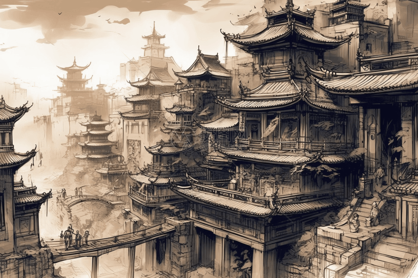 素描的中国古建筑图片