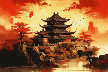 秋天景色的中国画背景图片