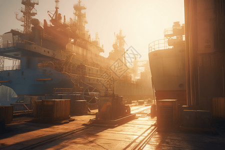 夕阳下的造船厂图片