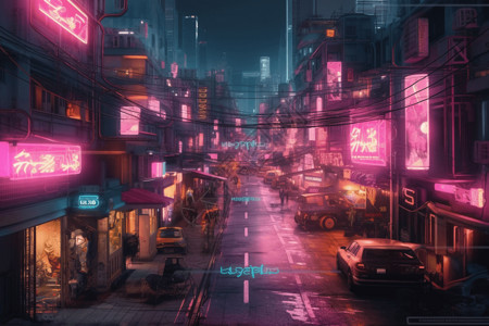 街道照明霓虹灯下的未来街道插画