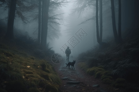 男人和狗在森林中徒步高清图片
