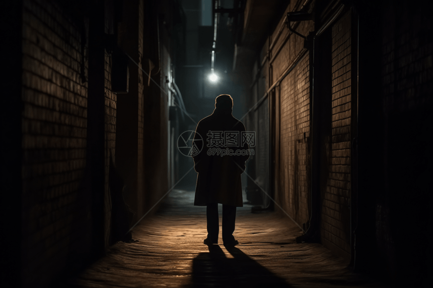 男人走在黑暗的小巷图片
