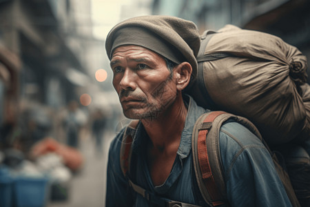 背着表情转身背着沉重包裹的男人背景