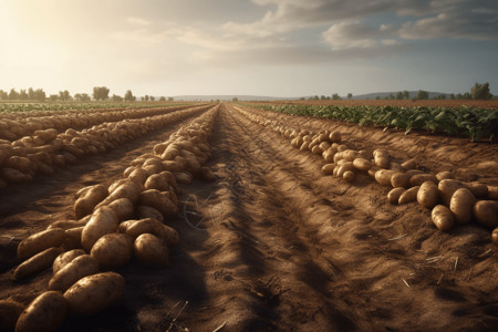 馬鈴薯农田中收获的马铃薯设计图片