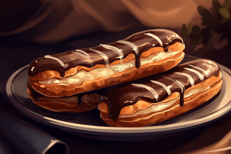 巧克力闪电泡芙美味的面包插画