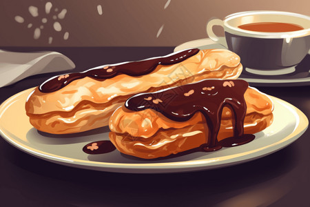 烘焙甜品盘子里美味的巧克力面包插画