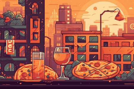 城市酒杯比萨饼和啤酒插画