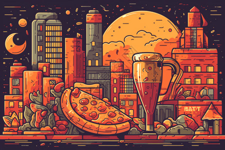 美味的比萨饼和啤酒背景图片