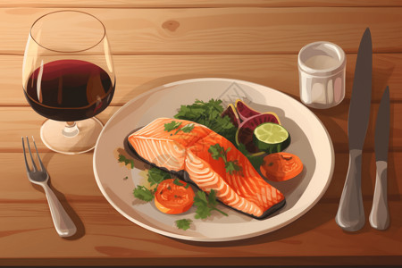鲑鱼替代品盘子里配有蔬菜的三文鱼插画