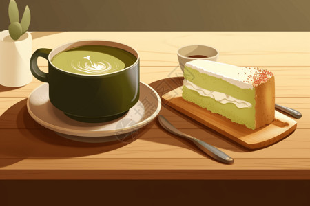 抹茶饮品美味的抹茶蛋糕和拿铁插画
