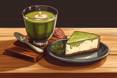 绿茶奶昔抹茶拿铁和抹茶蛋糕插画