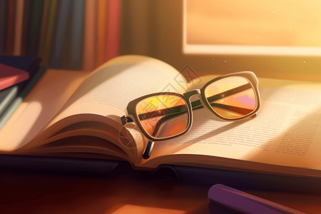眼镜放在书籍上眼镜放在翻开的书上插画