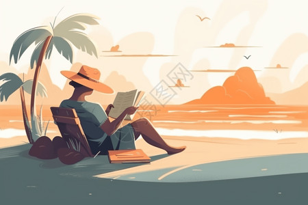 靠着树看书的人在沙滩上看书的人插画