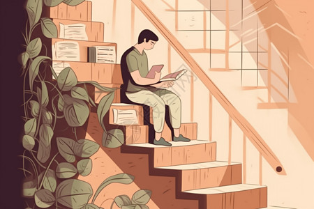 一个人坐在坐在楼梯上看书背景图片