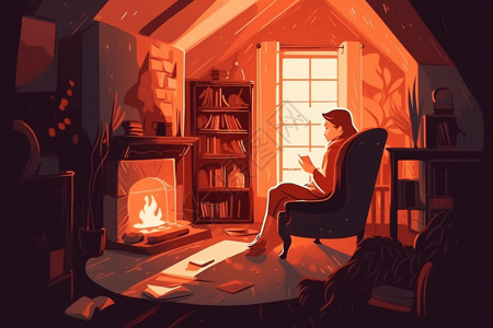 坐在椅子上看书坐在壁炉旁的椅子上的人插画