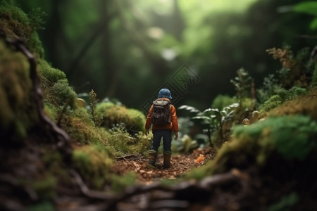 微型旅行者在森林里探险背景图片