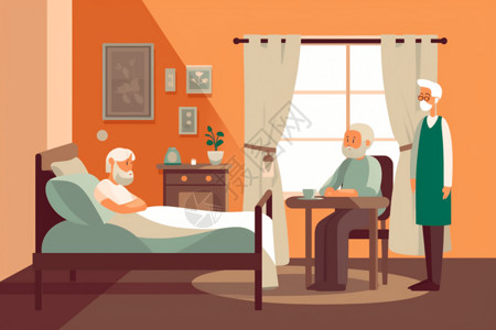 家庭病床在家照顾患者的专业人士插画