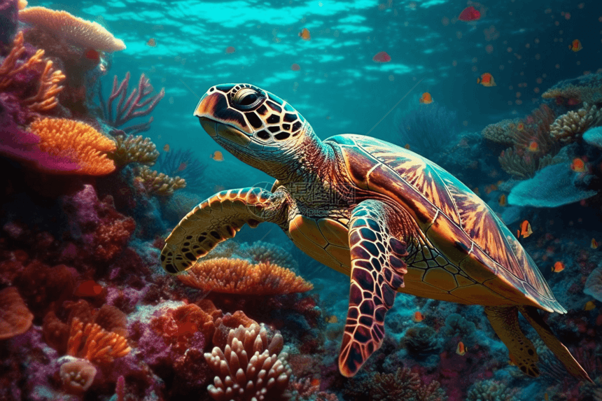 在珊瑚旁游泳的海龟图片