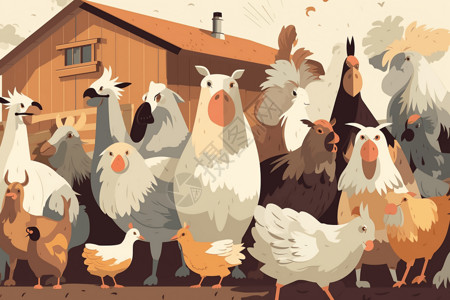 仓房农场里的动物群体插画