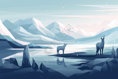 北极驯鹿雪后北极的野生动物插画