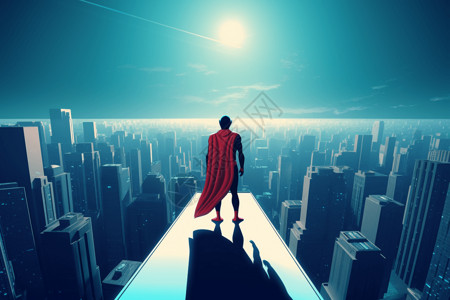 超级大黑洞摩天大楼上俯瞰城市的超级英雄插画