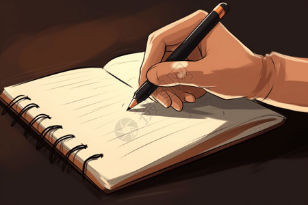 轻松体验手写字一只手拿着笔在笔记本上写笔记插画