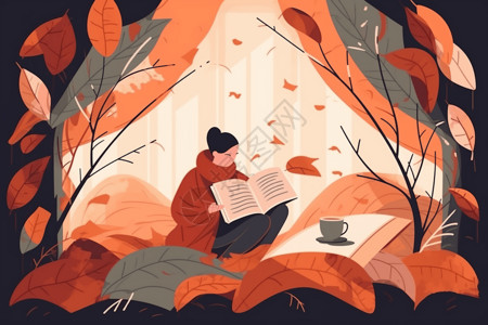 在秋天草地落叶里看书的女孩高清图片