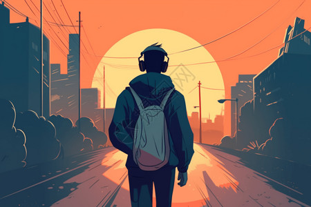 耳机背包男生带着耳机听音乐走向落日的背影插画
