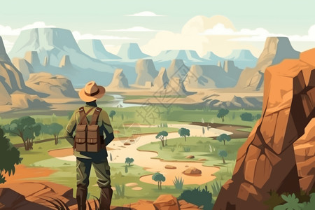 护林员探险家在山谷的高处观望插画