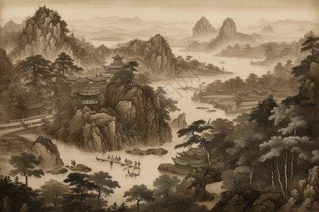 大山建筑山峦水墨画插画