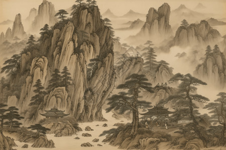 河流大山河流水墨画插画