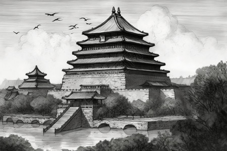 中国水墨画风格塔背景图片