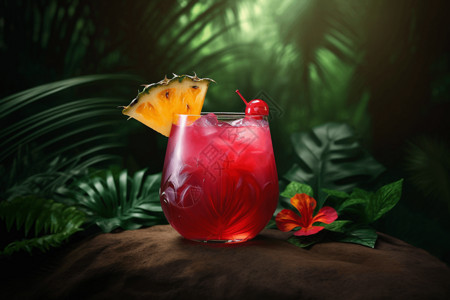 装满果汁的杯子森林里的热带水果味果汁插画