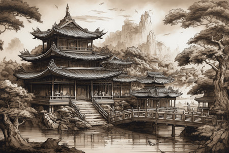 中国皇家皇家园林水墨画插画
