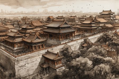 紫禁城水墨画背景图片