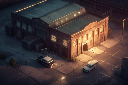 粘土房子一辆奔驰停在工业仓库前，等距，城市，粘土，工业照明设计图片