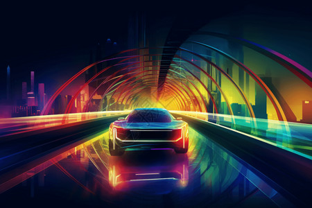 高速公路隧道遨游在未来的汽车插画