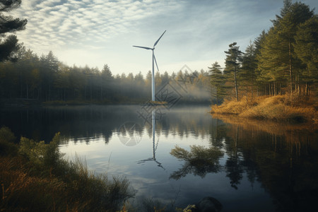 宁静湖泊的风力涡轮机图片
