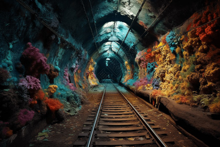 火车火车过山洞五彩缤纷的地下世界设计图片