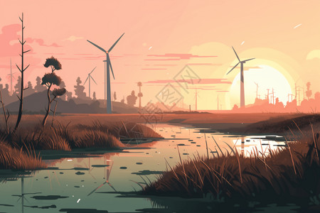 湿地与风力涡轮机背景图片