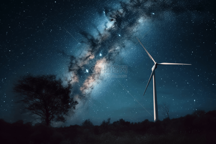 繁星下的风力涡轮机图片