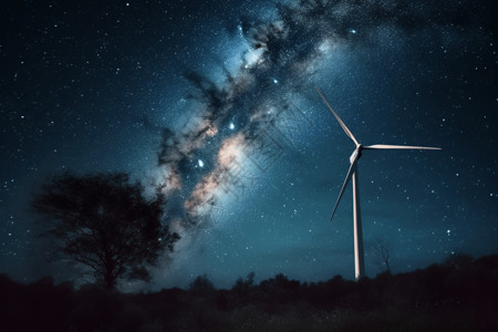 夜晚草丛繁星下的风力涡轮机背景