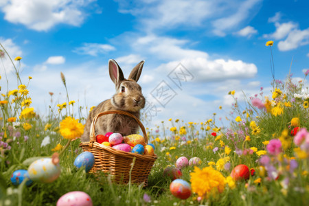 花丛中的彩蛋一只复活节兔子背景