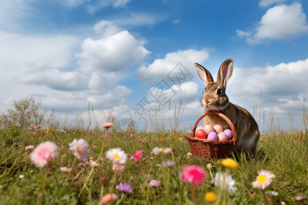 花丛中的彩蛋欢快的复活节兔子背景