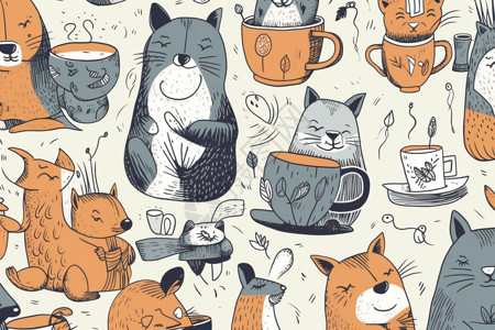 动物和茶杯插图背景背景图片