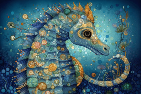 海洋生物彩色鱼海马上的图案插画